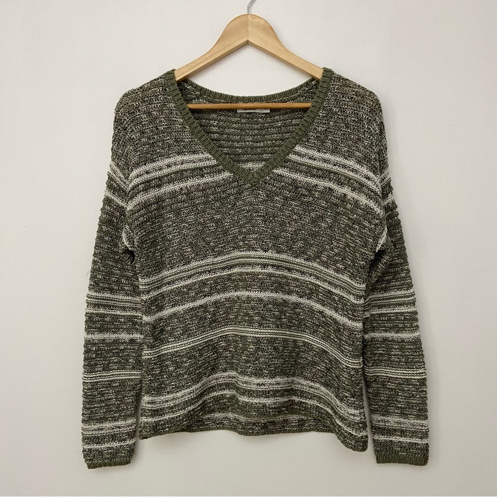 Green/Cream Striped Knit Cotton Blend V-Neck Sweater